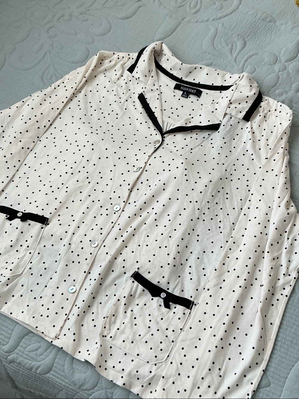 Ellen Tracy Cream with Black Polka Dots Two-Piece Long Sleeve Pajama Set
